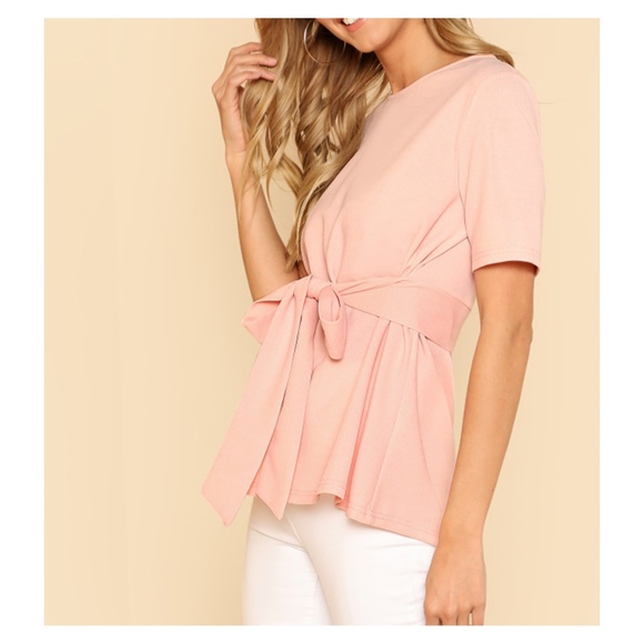 Blush Pink Short Sleeve Self Tie Blouse - Picture 2 of 5